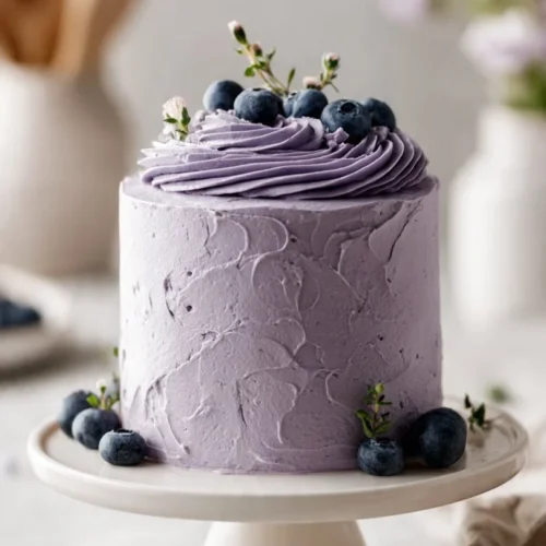 Delicious Blueberry Chiffon Cake topped with fresh blueberries on a serving plate.