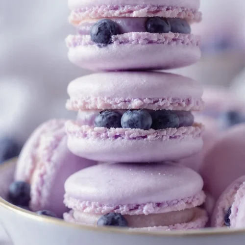 Blueberry macaron on a pastel-colored plate with fresh blueberries