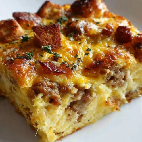 Delicious breakfast casserole made with eggs, cheese, and vegetables