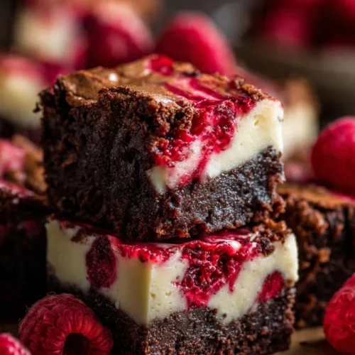 Delicious brownies with cheesecake topping and fresh raspberries