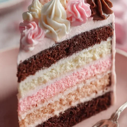 Slice of Neapolitan cake featuring chocolate, vanilla, and strawberry layers