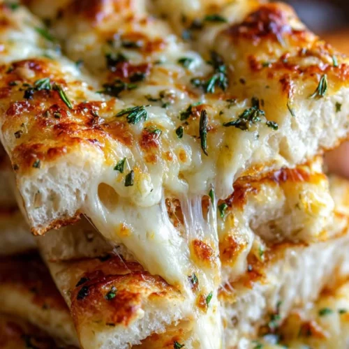 Delicious cheesy breadsticks served warm on a plate