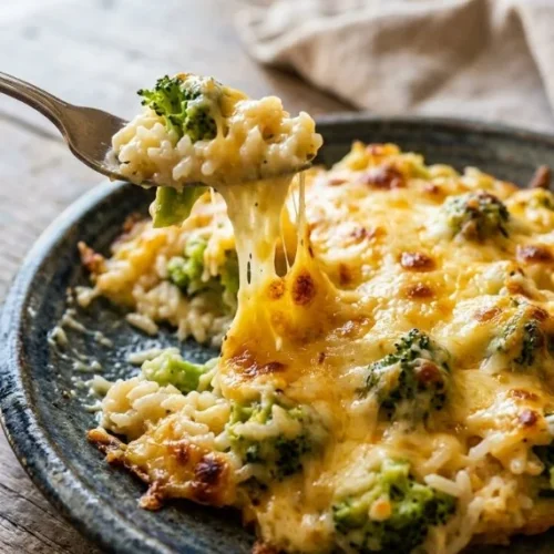 Cheesy broccoli rice casserole topped with melted cheese and green broccoli florets