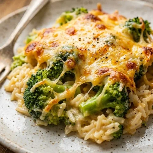 Cheesy Broccoli Rice Casserole in a baking dish with melted cheese and broccoli.