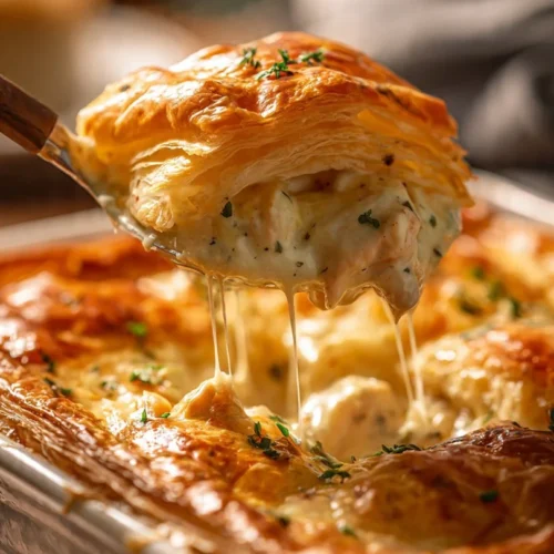 Cheesy Chicken Crescent Bake served on a plate with a golden crust.