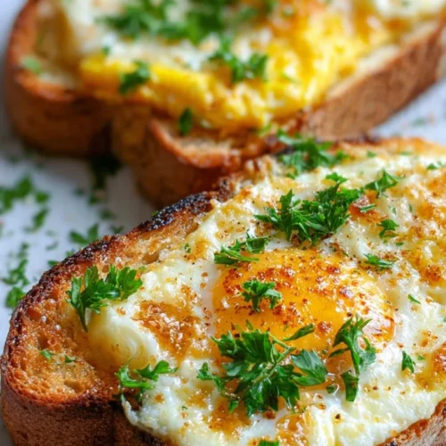 Delicious cheesy egg toast with melted cheese and fluffy eggs on toast
