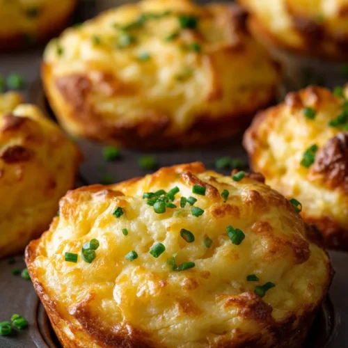 Cheesy mashed potato puffs served on a plate with a golden crust