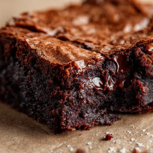 Delicious chewy brownies on a white plate with chocolate drizzle