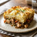 Delicious Chicken Shepherd's Pie topped with creamy mashed potatoes