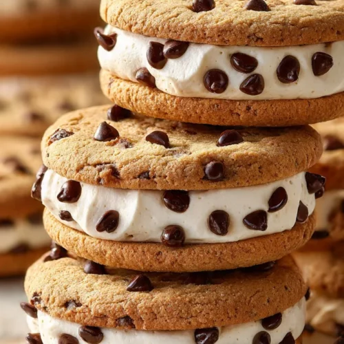 A tempting plate of chocolate chip cookie sandwiches filled with creamy frosting.