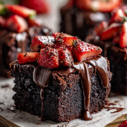 Delicious chocolate covered strawberry brownies on a white plate