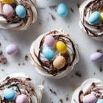 Chocolate egg nest meringues topped with colorful candy eggs on a plate.