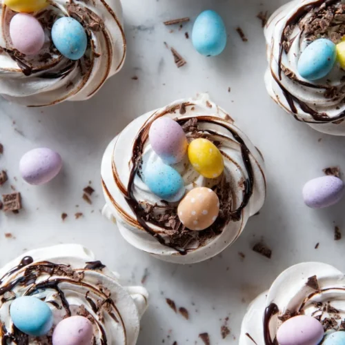 Chocolate egg nest meringues topped with colorful candy eggs on a plate.