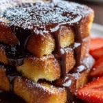 Delicious chocolate French toast topped with syrup and strawberries