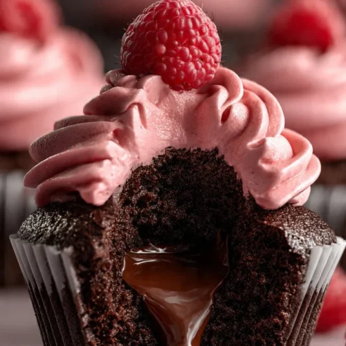 Delicious chocolate raspberry cupcakes topped with fresh raspberries