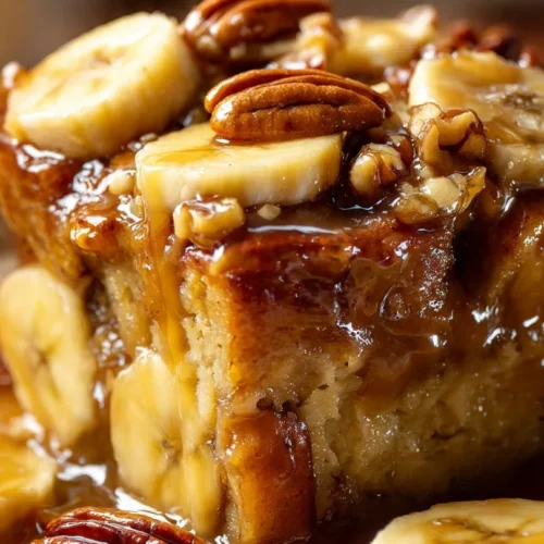 Cinnamon Pecan French Toast Bake topped with pecans and cinnamon syrup.