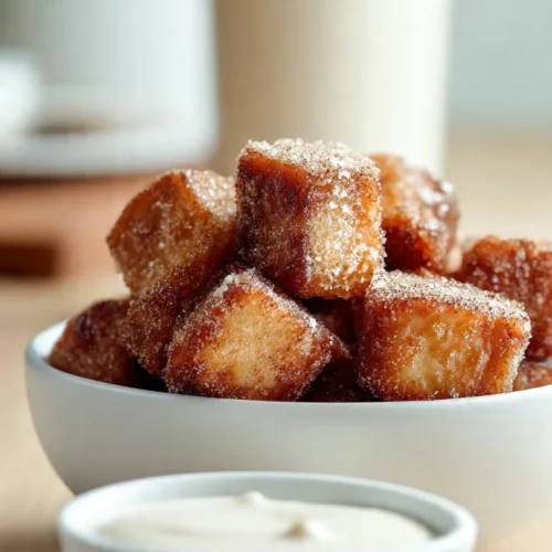 Delicious Cinnamon Roll French Toast Bites served on a plate with syrup
