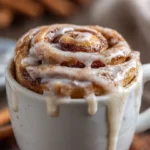 Delicious cinnamon roll in a mug topped with icing