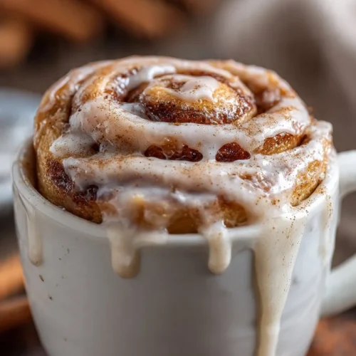 Delicious cinnamon roll in a mug topped with icing