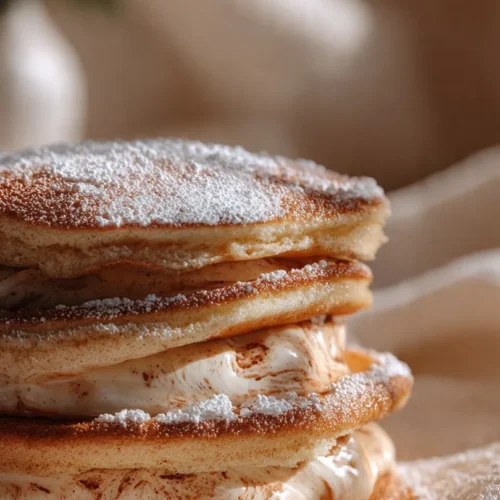 Fluffy cinnamon roll pancakes topped with cream cheese icing and cinnamon swirl
