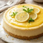 Classic baked lemon cheesecake topped with lemon zest and fresh berries