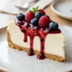 Slice of classic cheesecake topped with fresh strawberries and mint