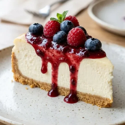 Slice of classic cheesecake topped with fresh strawberries and mint
