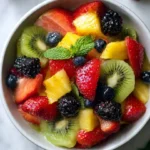 Bowl of classic fruit salad with an assortment of fresh fruits.