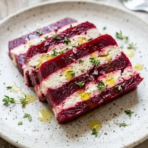 Colorful beetroot terrine with goat cheese, showcasing an elegant presentation.