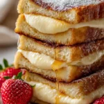 Picture of cream cheese stuffed French toast with syrup and berries on a plate.