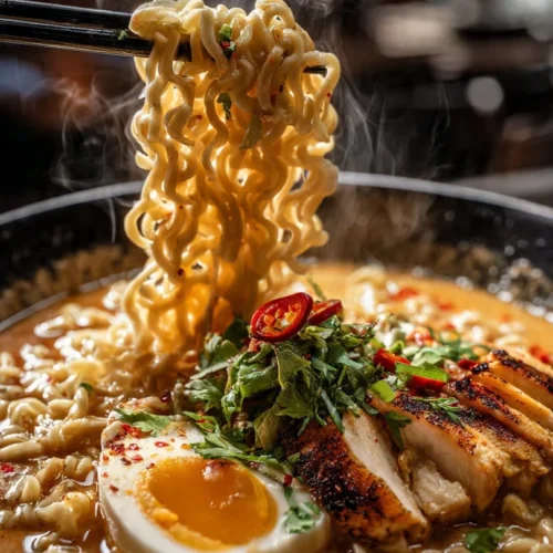 Bowl of creamy garlic chicken ramen topped with green onions and herbs