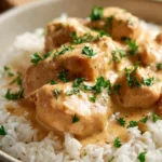 Creamy garlic chicken served on rice for a delicious meal