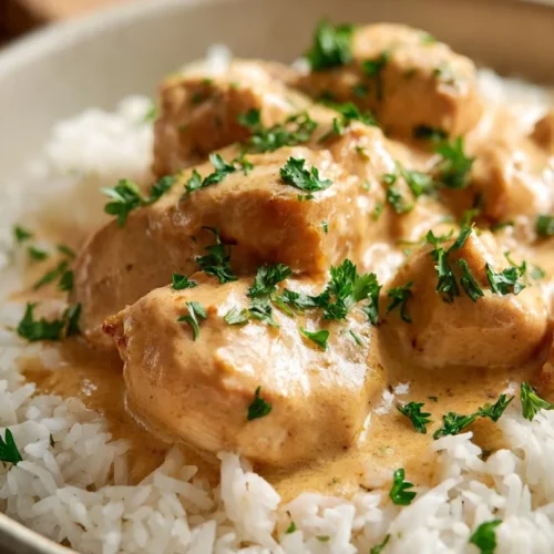 Creamy garlic chicken served on rice for a delicious meal