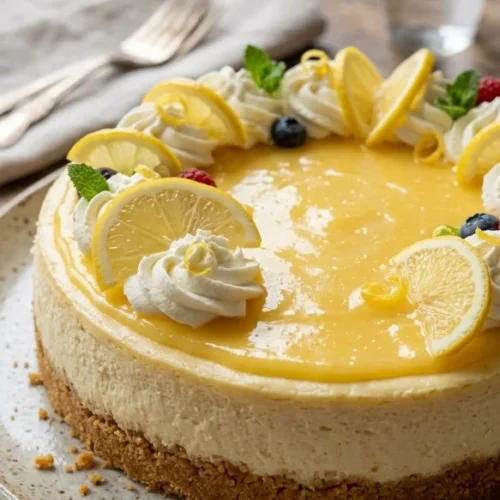 Slice of creamy lemon cheesecake topped with lemon zest and fresh berries
