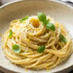 Creamy lemon pasta dish garnished with herbs and lemon zest.