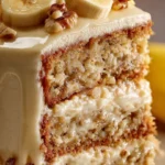 Creamy moist banana cake with frosting and banana slices