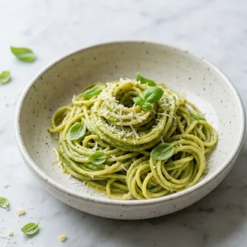 Creamy pesto sauce pasta served in a bowl with fresh basil garnish