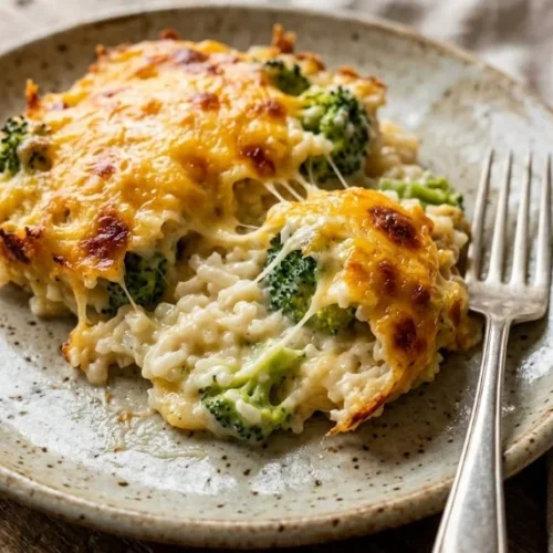 Creamy broccoli cheese rice casserole topped with melted cheese and baked to perfection.