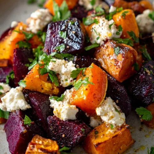 Creamy roasted beet salad with vibrant beets and fresh greens