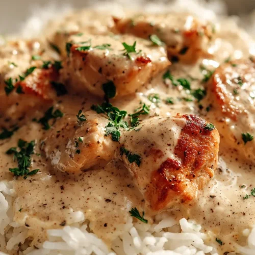 Creamy smothered chicken with rice served in a bowl, garnished for presentation.