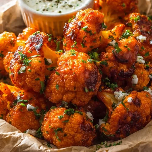 Crispy Buffalo Cauliflower Bites served on a plate with dipping sauce