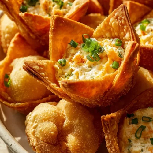 Crispy Crab Rangoon Bombs served on a platter with dipping sauce