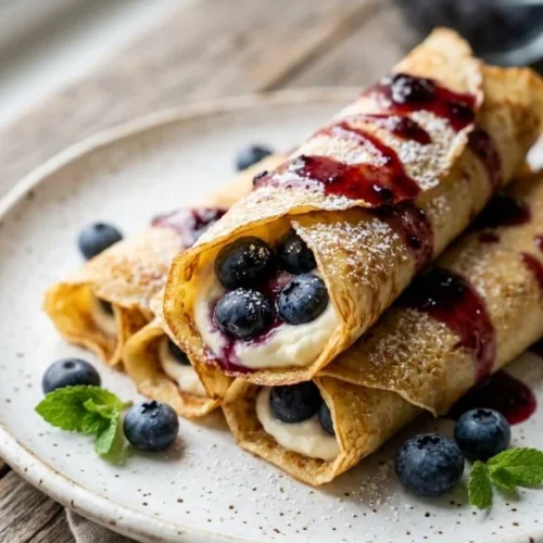 Crispy keto blueberry cream cheese roll-ups on a plate, garnished with blueberries.