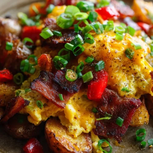 Crispy Loaded Breakfast Hash with potatoes, vegetables, and eggs