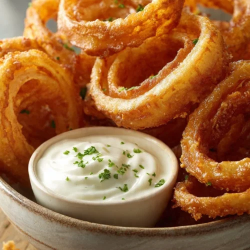 Bowl of crispy onion ring chips ready to be enjoyed as a snack