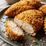 Panko crusted chicken breasts garnished with herbs on a white plate