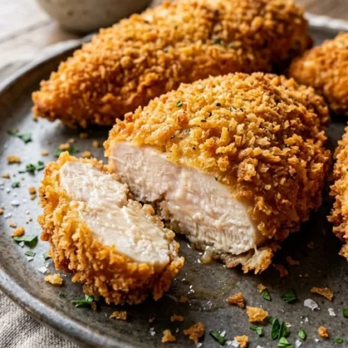 Panko crusted chicken breasts garnished with herbs on a white plate