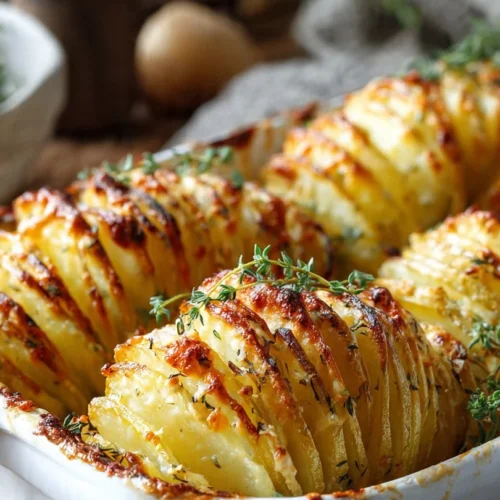Deliciously crispy Thousand Layer Potatoes in a baking dish