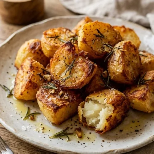 Crispy roast potatoes golden and delicious on a serving plate