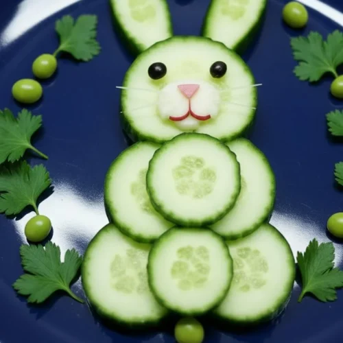 Cute cucumber bunny snack made from fresh cucumber, carrots, and eye decorations.